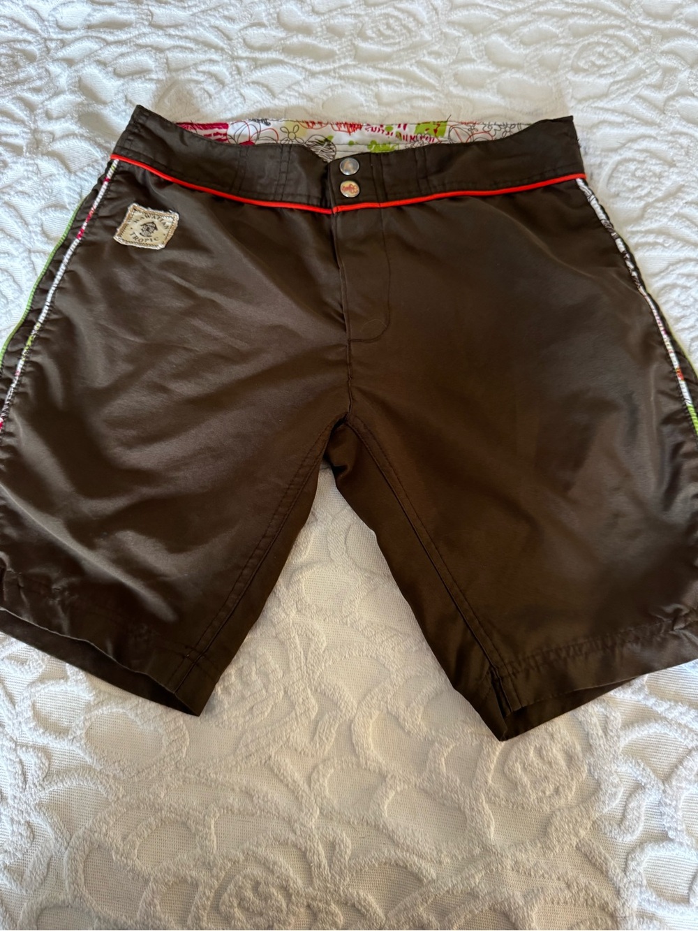 Y2K Hawaiian Tropic Brown Peace & Love Board Shorts Size S 🌺✌️